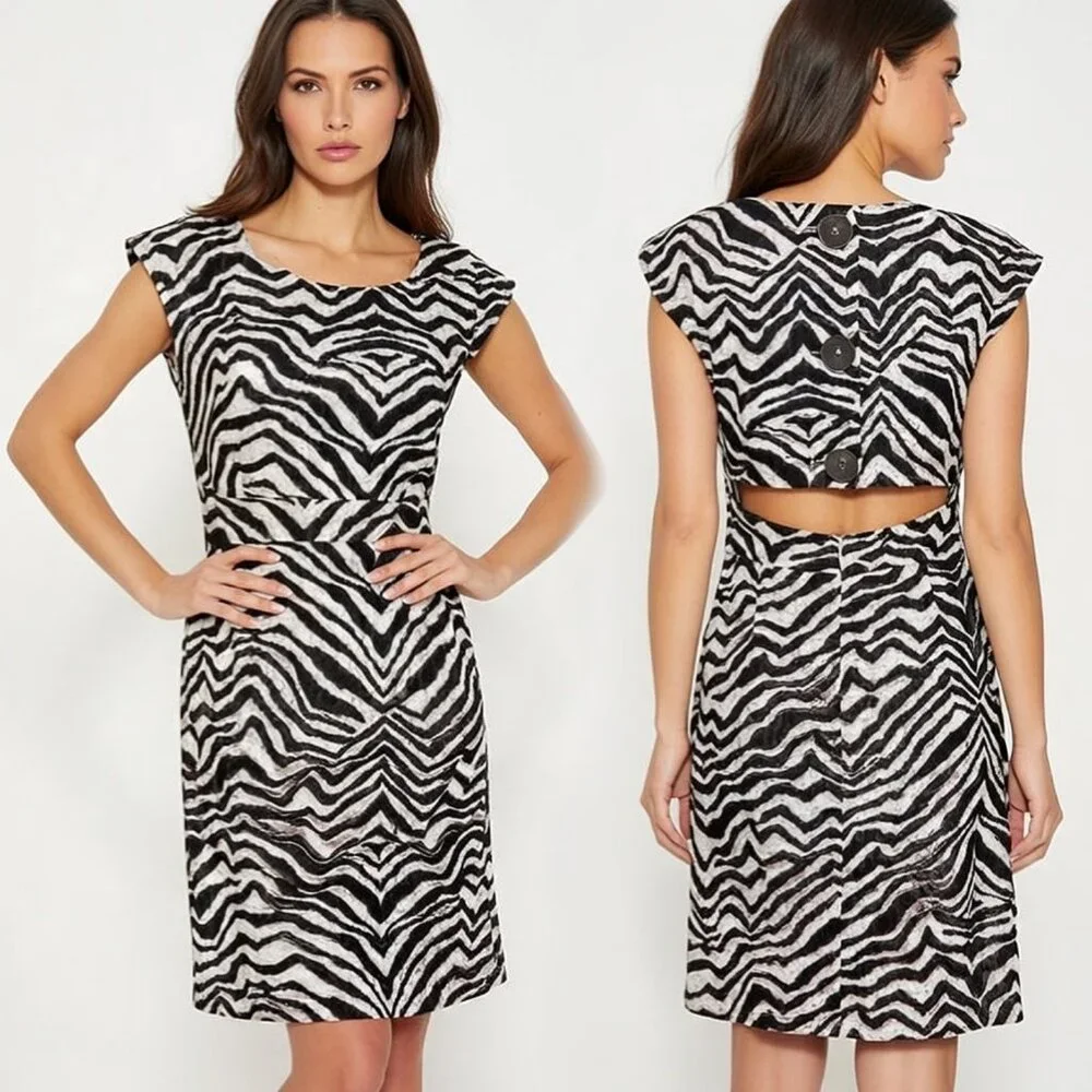 NWT Michael Kors Zebra Print Cut-Out Sheath Dress Mini Black White Size 4 - Picture 1 of 15